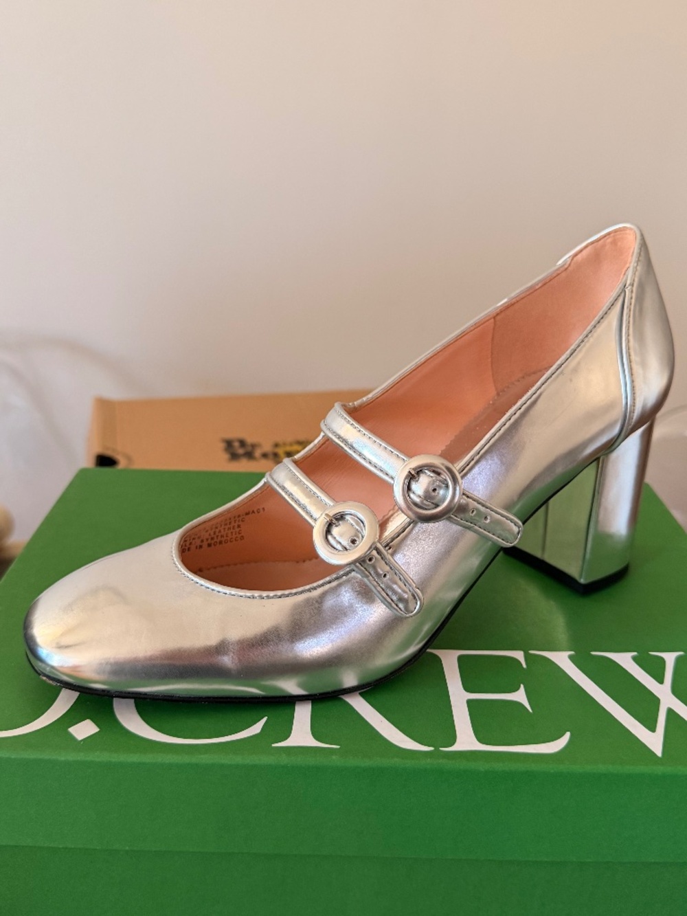 J. Crew Maisie Double Strap Heels in Italian Silver Black
